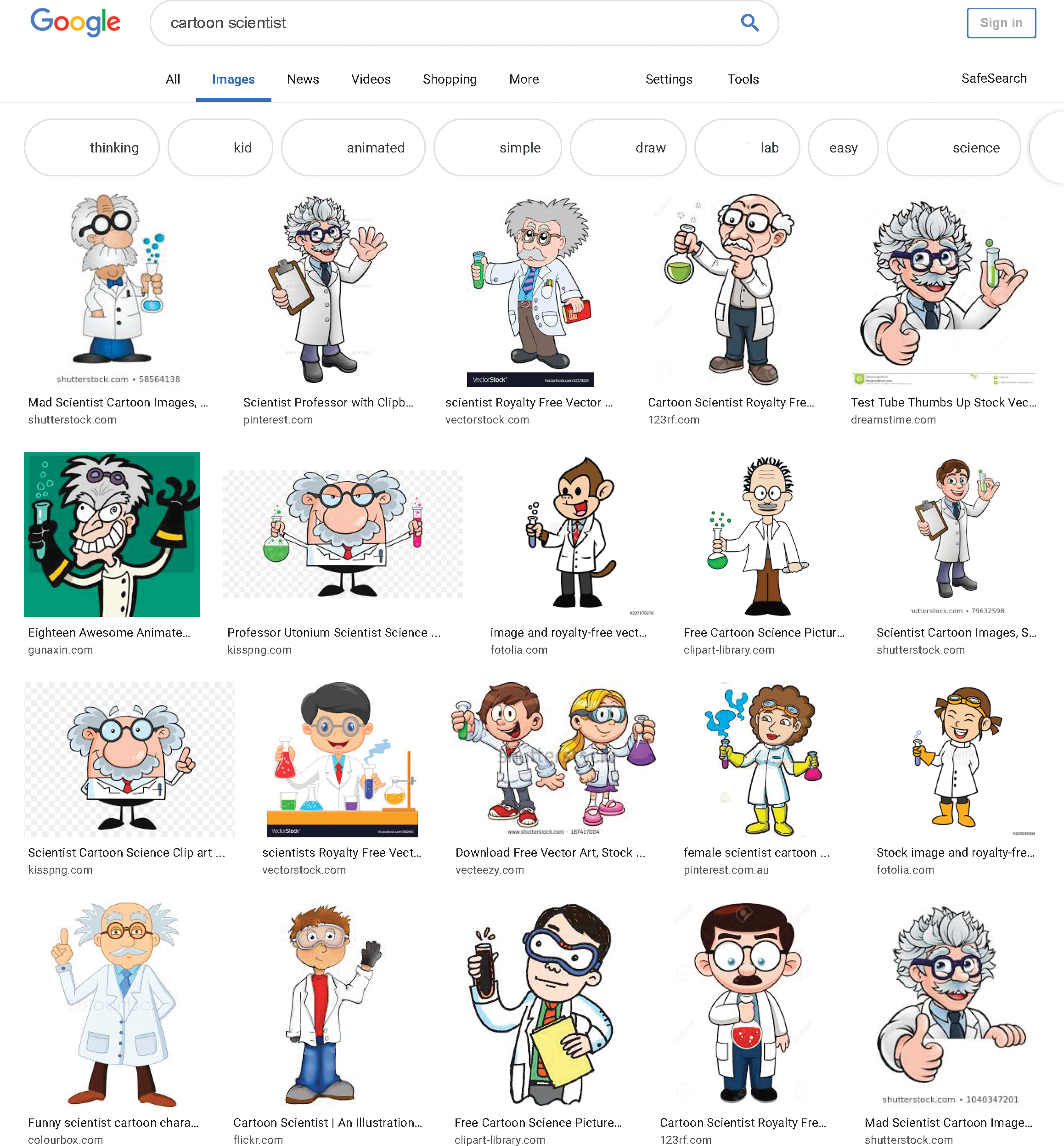 Google image search for “cartoon scientist” (screenshot from May 31, 2019)
