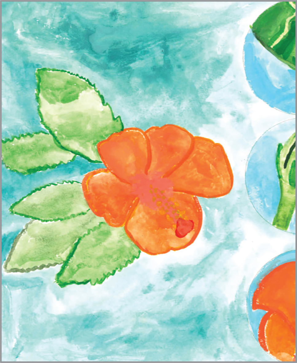 A wet-on-dry watercolor painting done of one player’s “favorite flower,” the hibiscus.