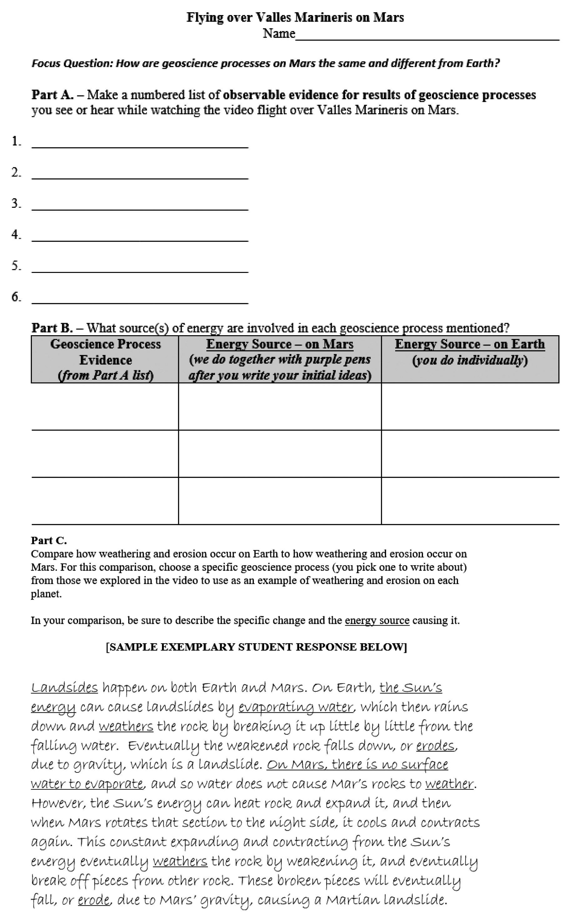 Student sheets for Mars Valles Marineris flight (A & B on front, C on back).