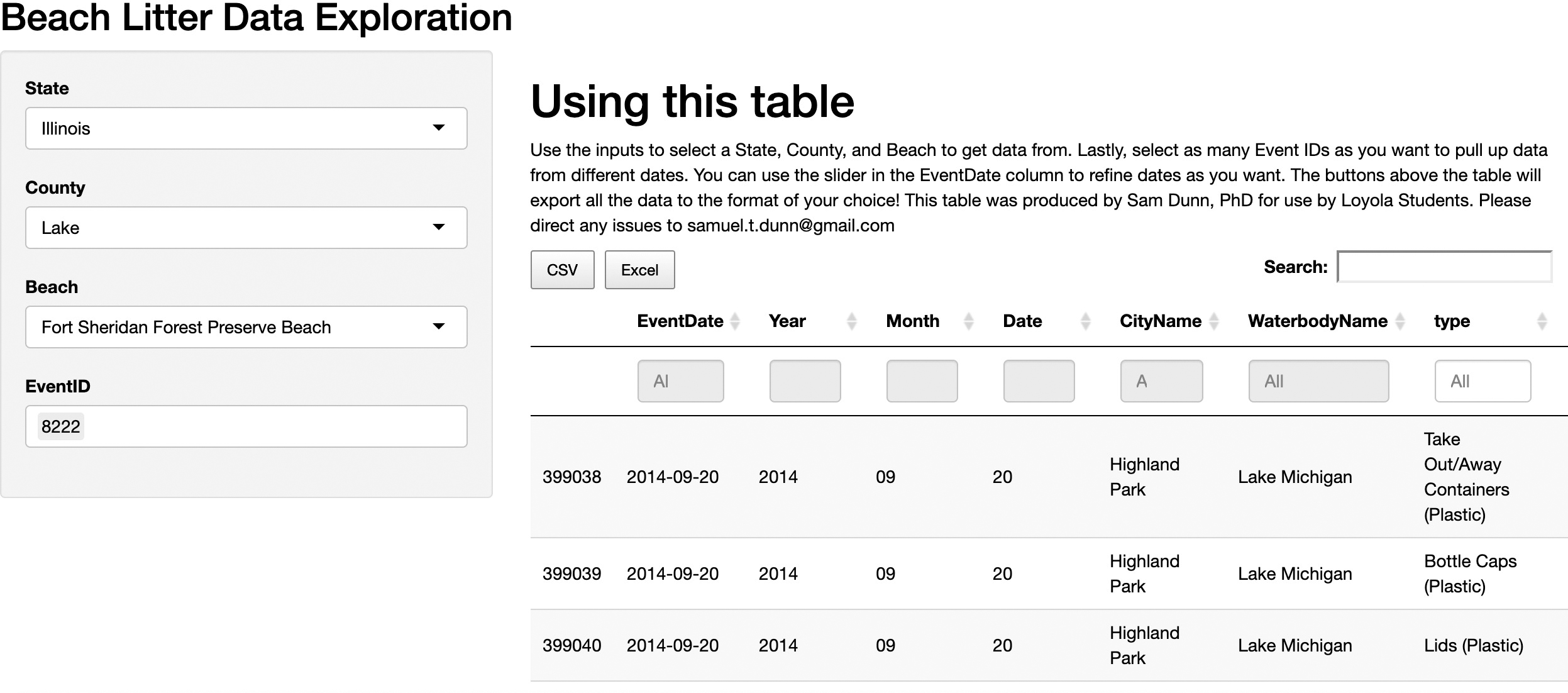 Screenshot of Beach Litter Data Exploration online interactive table