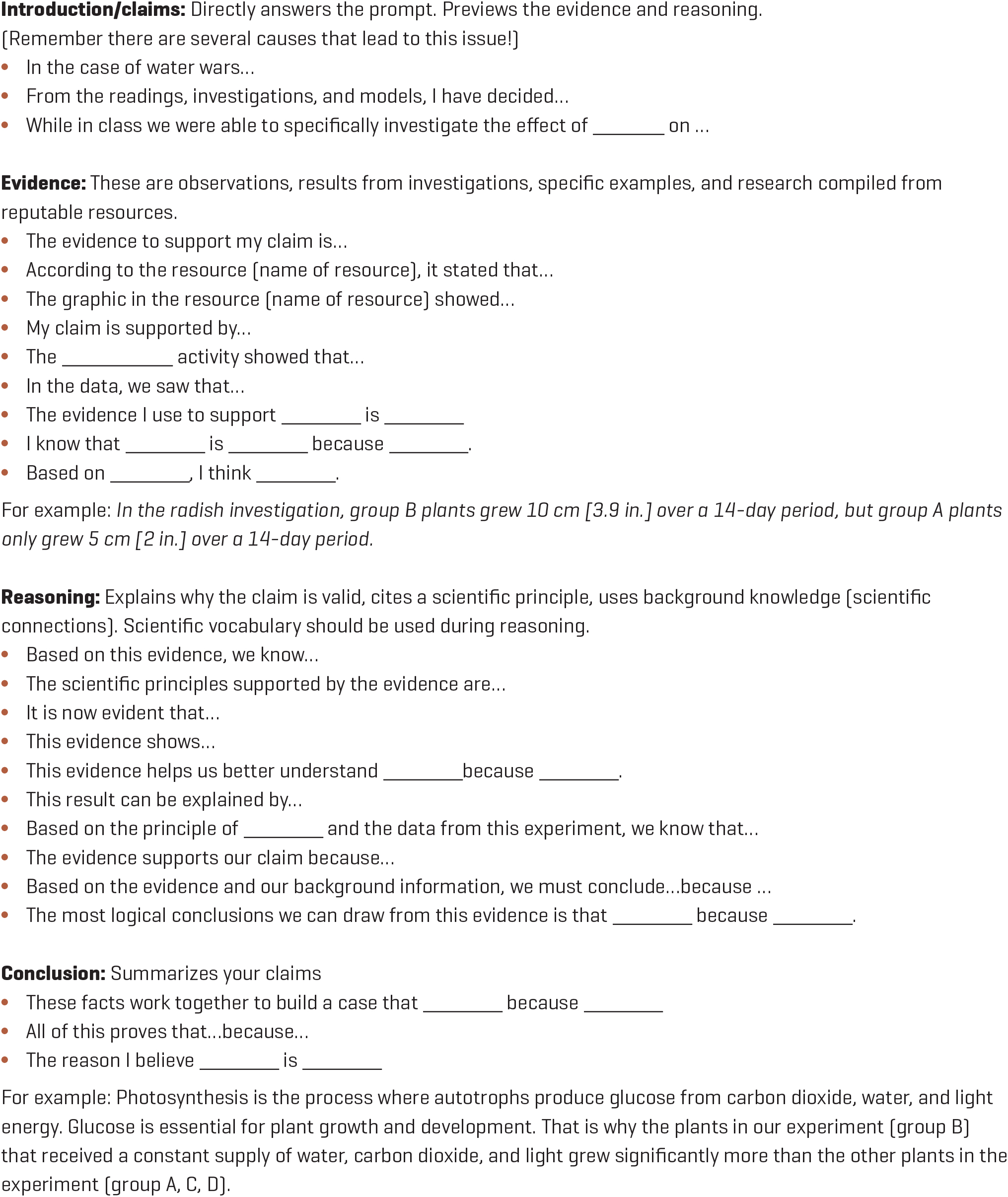 Sentence starters for constructing explanations about water wars