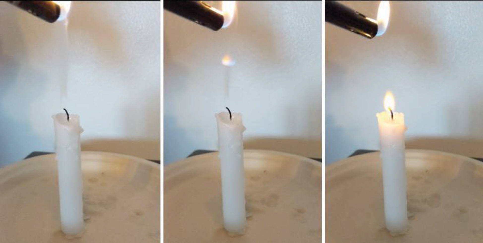 By placing a lighter flame into the plume of smoke (evaporated hydrocarbons) coming from a recently extinguished candle, a flame can be made to “jump” down the column of smoke and relight the candle (full video of this process is available in <a class
