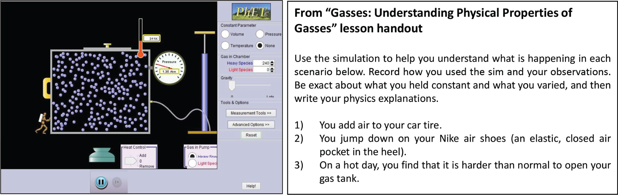 Gas Properties PhET simulation and selection from Gasses sample lesson.