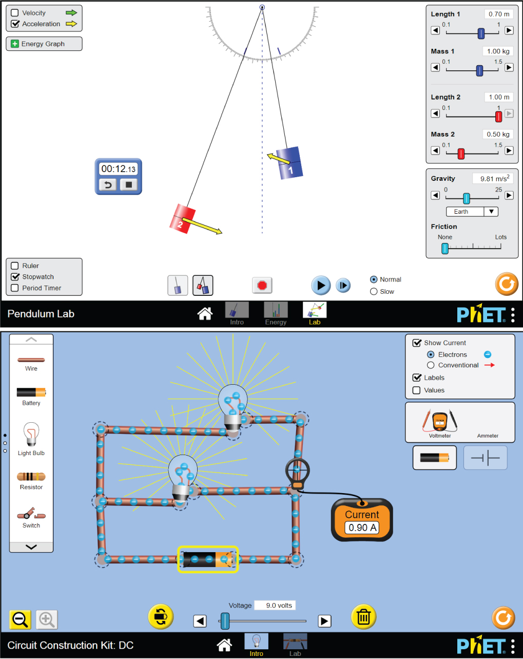 PhET simulations: Pendulum Lab and Circuit Construction Kit: DC.