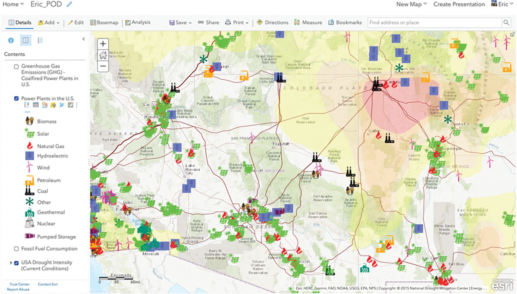 Layers for power plants and transmission lines across the southwestern United States.