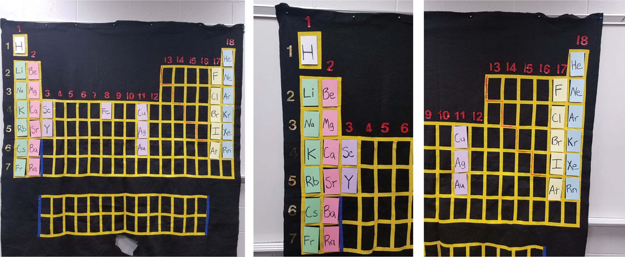 Wall-size periodic table with elements from some of the families.