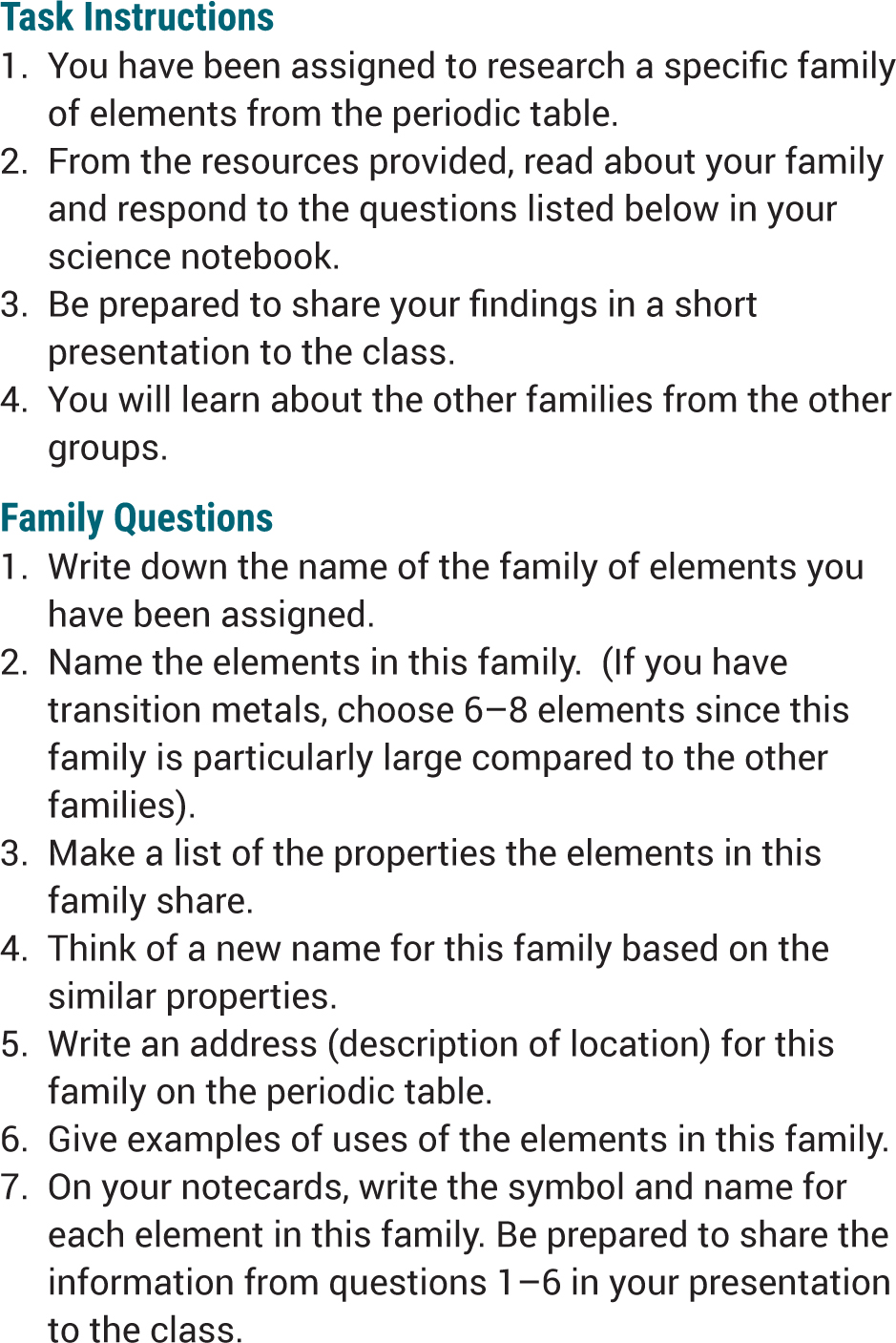 Families of the periodic table jigsaw task card.