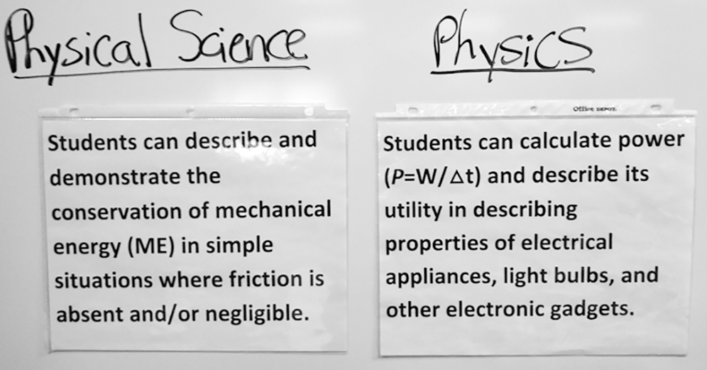 Physical science and physics learning targets posted on the front board.