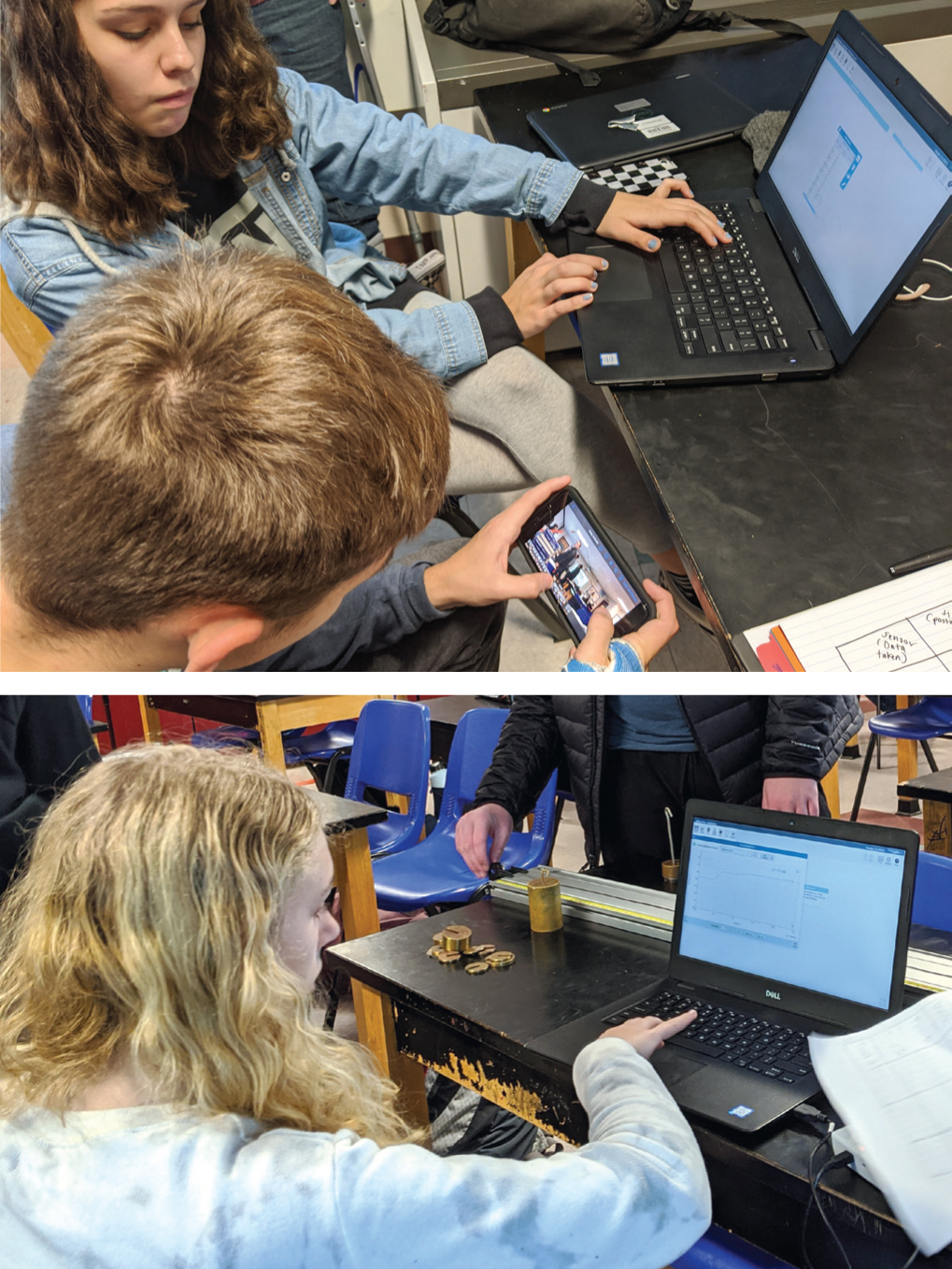 Upper: Slow motion video taken on student phone for independent investigation. Lower: Half-Atwood setup for independent investigation.