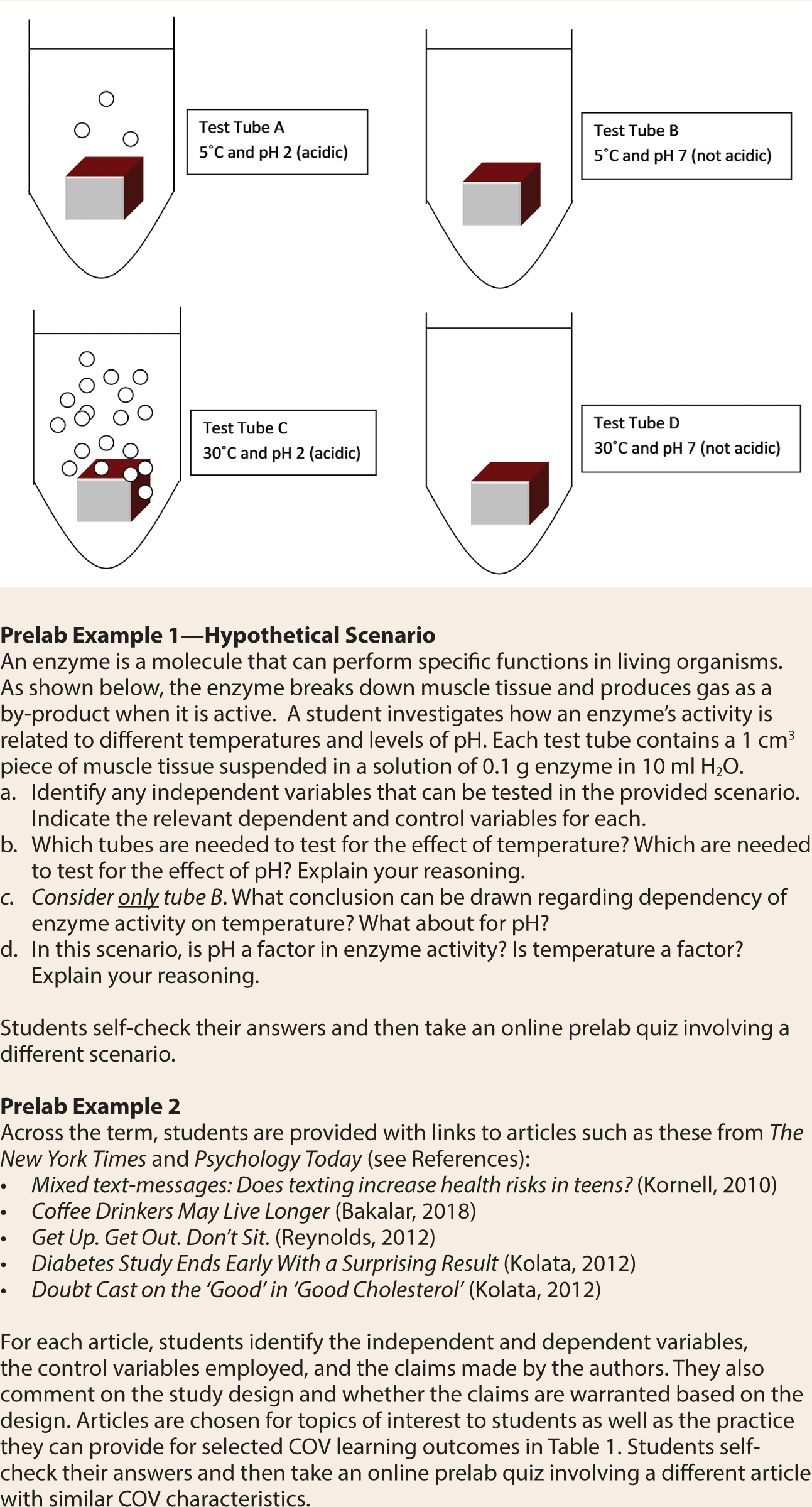 Example of two prelab activities. The first one is early in the term and provides deliberate practice in experimental design and evaluation. The second is later in the term and provides practice in applying control of variables (COV) skills to real contex