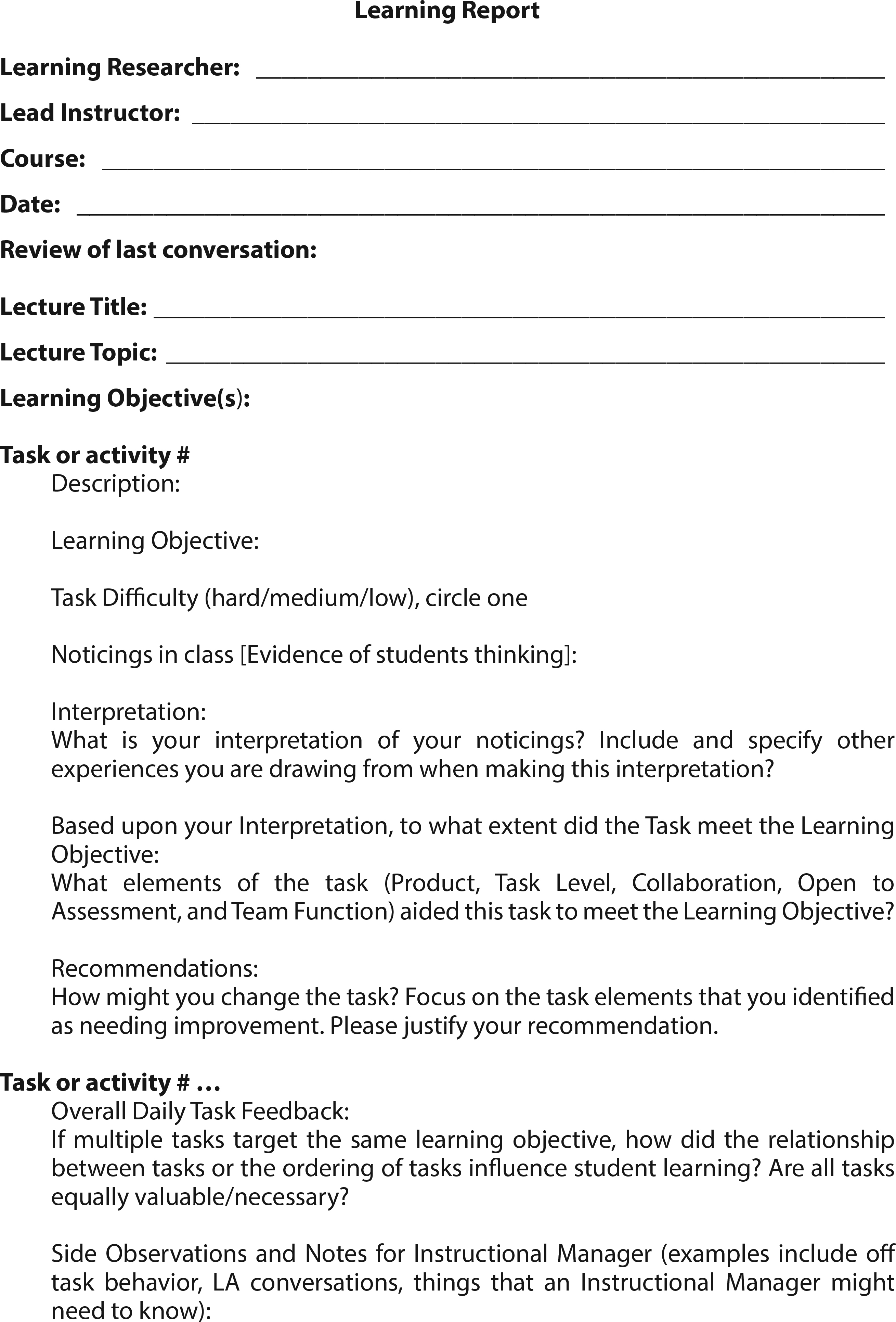 Learning researcher (LR) report template.