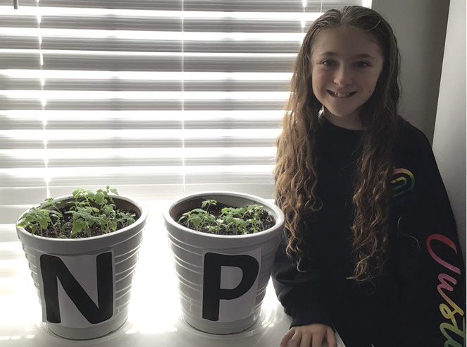 Student space farmer with her tomato seeds at home.