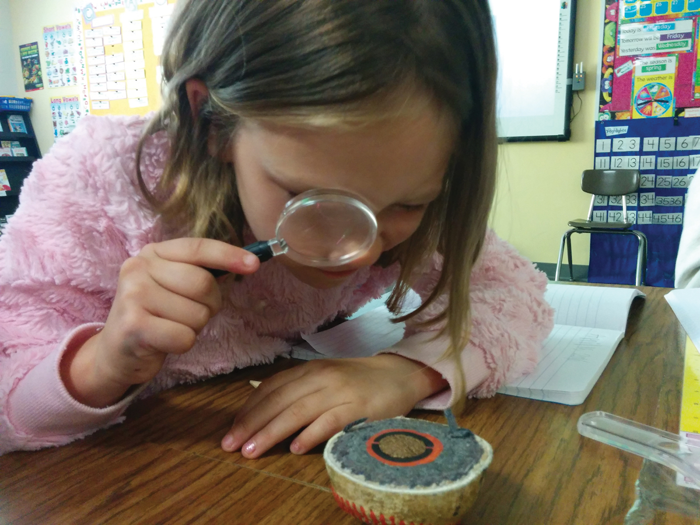 A student makes observations of the materials inside a baseball.
