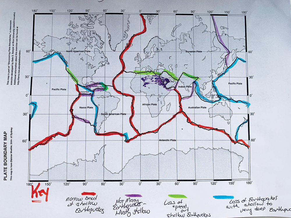 Student example of plate boundary map classified from earthquake data.